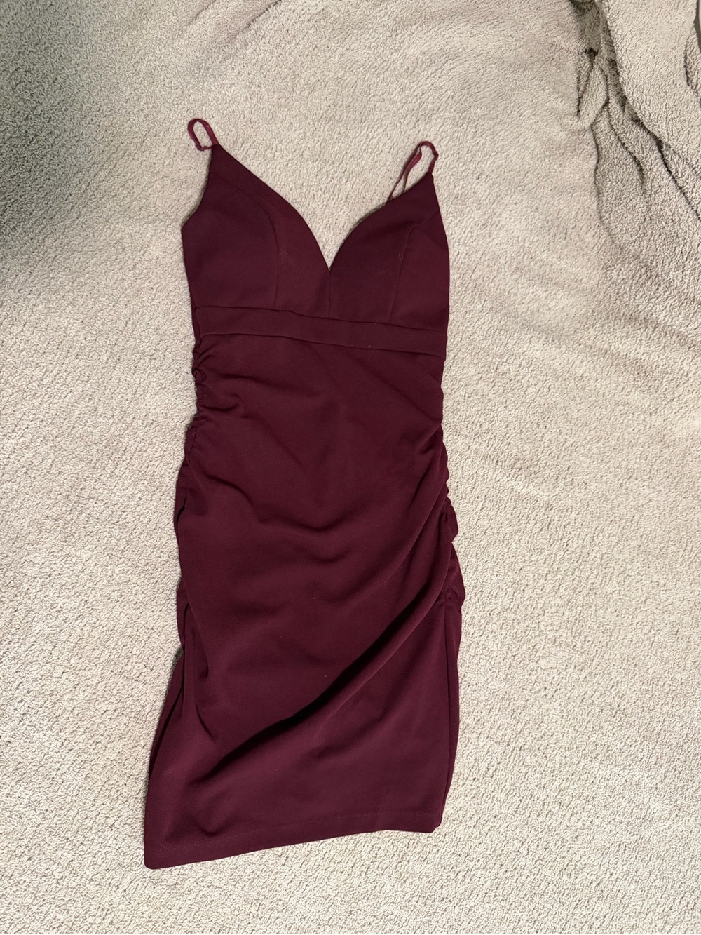Emerald Sundae Burgundy Ruched Spaghetti Strap Mini Dress